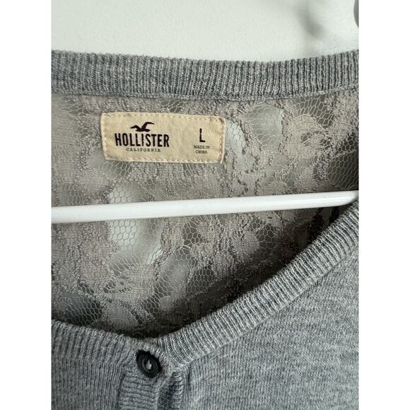 Y2K Hollister Lace Back Cardigan, Gray Button Up Sweater - Picture 2 of 9